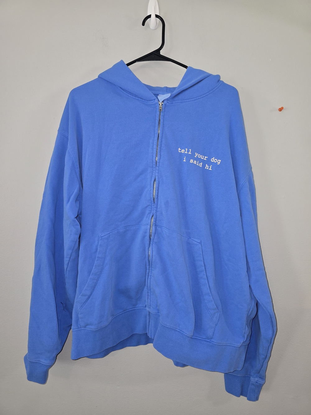 Blue Zip-Up Hoodie with 'tell your dog i said hi' Chest Print